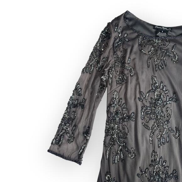 Dusty Violet Pisarro Nights Dress Gray Beaded Mesh 3/4 Sleeve Embellished Size 4 - Picture 5 of 15
